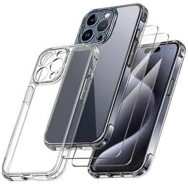 Qasyfanc Handyhülle Kompatibel mit iPhone 15 Pro, Hülle mit Kameraschutz und 2 Stück Schutzfolie, Hard PC Nie Vergilbung Case Transparent Militärschutz Kratzfest Fallschutz Schutzhülle, Klar
