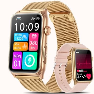 Smartwatch Damen mit ΕKG/ΒΙυtｚυcker/BMI/HRV/Harnsäure/ΒΙυtdrυck,1,57" Gesundheitsuhr Fitness mit Telefonfunktion 24H Pulsuhr SpO2 Schlaf/Apnoe-Monitor Menstruationszyklus Uhr für iOS Android(GoldRosa)