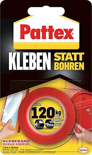 Pattex Kleben statt Bohren Klebeband, extra starkes doppelseitiges Klebeband, Doppelklebeband für Montagearbeiten innen & außen, Wandbefestigung ohne Bohren, 19mm x 1,5m