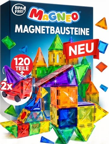 Magneo® Magnetische Bausteine (120 teilig inkl. 2 Autos) - Magnetbausteine für Kinder ab 3 Jahren - Pädagogisches Magnetspielzeug - Kreatives Magnet Spiel mit starken Magneten - Geschenk Idee
