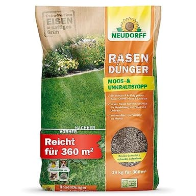 Neudorff RasenDünger Moos- & UnkrautStopp – Rasendünger mit Eisen und Kalium sorgt für einen dichten, grünen Rasen ohne Moos und Unkraut, 18 kg für 360 m²