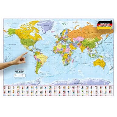 ORBIT Globes & Maps - Weltkarte XXL - Top-Aktuell 2025, deutsch, 136 x 96 cm, Maßstab 1:30 Mio mit seidenmattem Schutzlack inkl. Flaggenleiste