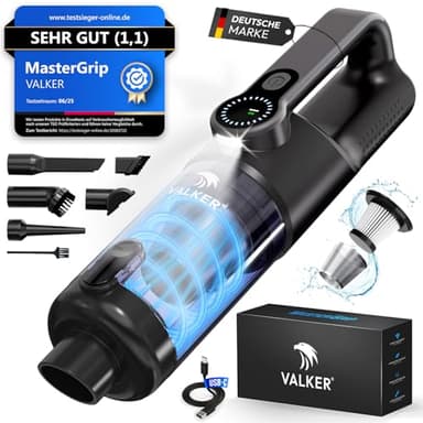 VALKER® Handstaubsauger Akku Testsieger | Starke Saugleistung bis 17000 PA | Lange Akkulaufzeit bis 30 Minuten | Waschbarer HEPA-Filter | Handsauger Kabellos für Auto & Zuhause | Mastergrip