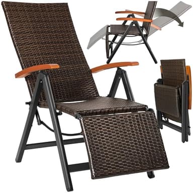 tectake® Alu Polyrattan Gartenstuhl mit Armlehnen, Campingstuhl mit 6-Fach Verstellbarer Rückenlehne, klappbar, Relaxsessel mit Liegefunktion, wetterfest, Klappstuhl mit Fußablage - braun