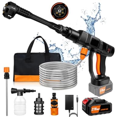 Akku Hochdruckreiniger,45 Bar/652 PSI Mini-Kabelloser Hochdruckreiniger mit 3 Ah Batterie, 6-in-1 verstellbare Düse, 5M Schlauch, verwendet für Autowäsche, Bodenwäsche, Reinigung und Blumenbewässerung