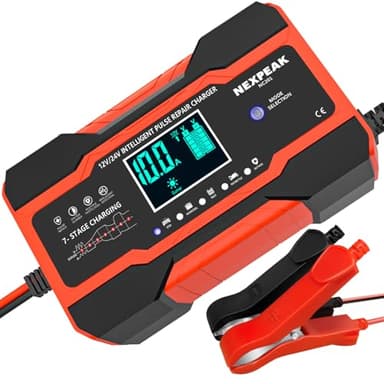 10A Autobatterie Ladegerät, 12V/24V Smart vollautomatische KFZ Batterieladegerät mit Temperaturkompensation für Auto LKW Motorrad Rasenmäher Boot Marine Batterien Rot