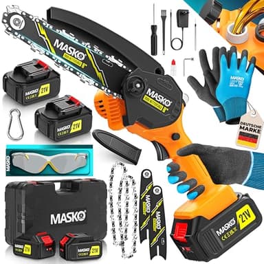 MASKO® Mini Kettensäge 800W, 8 Zoll, 8000mAh Akku | Elektrische Motorsäge mit Automatischem Ölsystem | Handkettensäge für Astschnitte & Holzarbeiten | Inkl. Koffer, 2x 4000mAh Akkus & 2x Ersatzketten