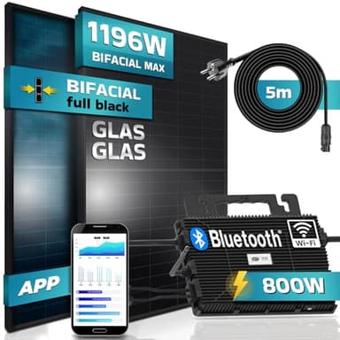 SUNNIVA 1196W Balkonkraftwerk 800W komplett Steckdose - Astro Energy 800W Wechselrichter - PV Solaranlage - 2x 460W BIFAZIAL FULL BLACK Glas/Glas Solarmodule - inkl. 5m Kabel - Bluetooth WIFI