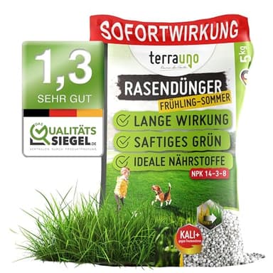 TerraUno Rasendünger Frühjahr/Sommer I Sofortwirkung für saftiges grün I 20 kg für 1000 m² I gesunder Rasen verdrängt Moos und Unkraut I NPK Dünger Rasen I Gegen Trockenstress I Für den Streuwagen