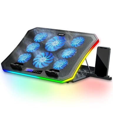 MOOJAY RGB Gaming Notebook Kühler für Schreibtisch und Schoß, 8 Höhenverstellbar mit 8 Leisen Lüfter+Handyständer, für 15,6-17,3 Zoll Laptops - Blau LED Licht