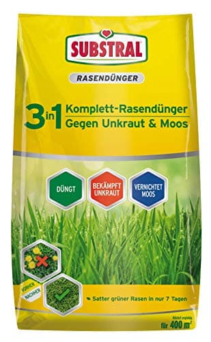 Substral 3 in 1 Komplett Rasendünger mit Unkrautvernichter und Moosvernichter, 14 kg für 400 m², grün