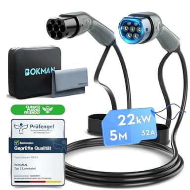 bokman Typ 2 Ladekabel, Modus 3 / 32A / 22 kW / 3-Phasig / 5 Meter, Typ 2 auf Typ 2 EV Ladekabel für Elektroauto mit Tragetasche und Mikrofasertuch