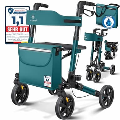 KESSER Rollator Aluminium Set, Leichtgewicht-Reiserollator mit Vollausstattung, 3-fach faltbar für Kofferraum klappbar Reise und Flug, Höhe verstellbar, Gurt, Stockhalter Gehwagen Laufhilfe Gehhilfe