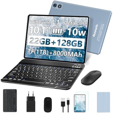 fezawio Android 14 Tablet 10 Zoll 22GB RAM+128GB ROM Octa-Core Tablet 5G WiFi, Mit Tastatur Maus, 8000mAh, (1TB TF) Mit HüLle + EIN Jahr Bildschirm Bruchversicherung-Grau