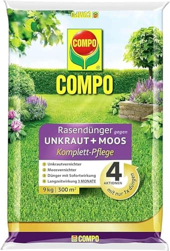 COMPO Rasendünger gegen Unkraut und Moos - 9 kg für 300m² - 3 Monate Langzeitwirkung - COMPO Rasendünger gegen Unkraut + Moos Komplett-Pflege