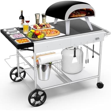 Denmay 128 x 66 x 78cm Grillwagen für Weber Q Serie, Ninja Woodfire, Pizzaofen, Tischgrill, Pizzaofen, Servierwagen mit großer Arbeitsfläche, Outdoor Grilltisch Küchenwagen Grillständer