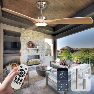 Depuley Leise Deckenventilator mit Beleuchtung für Außen: LED Lampe mit Ventilator für Garten Terrasse - 132CM Groß Deckenventilator mit Licht und APP für Wohnzimmer Restaurant Büro, khaki