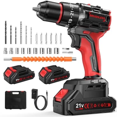 Bürstenlose Akkuschrauber 21V, Akku Bohrschrauber Set 55N·m Professional Bohrmaschine mit Akku 2×2000mAh, 25+3 Drehmomentstufen, 2 Gang, 10mm Bohrfutter, 24 Zubehör für Haus/Garten DIY Projekt