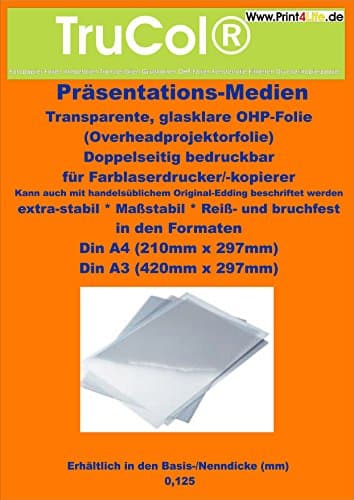 100 Blatt DIN A3 KLAR/TRANSPARENTE glasklare OHP-Folie für Laserdrucker Kopierer Farblaser mit einer speziellen beidseitigen Oberflächenbeschichtung für perfekte s/w und farbige Präsentationen Drucke. Optimale Tonerhaftung für den Einsatz auf Farb- und/oder Monocchrom (s/w), Laser-Druckern bzw. Kopierern