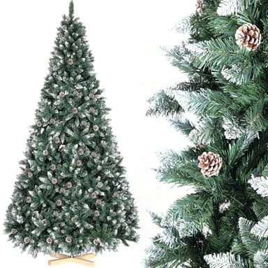 180cm Künstlicher Weihnachtsbaum mit Schnee-Effekt, Nordmanntanne Premium, Tannenbaum Künstlich mit Handgefertigtem Holzständer, Schnee & 32 Tannenzapfen & 1092 Spitzen, Einfach zu Montieren