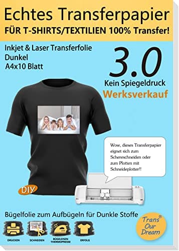 TransOurDream A4X10 (Weisse Folie)+1 A3 Silikonpapier,Echte Inkjet/Laser Transferfolie,Bügelfolie für Dunkle Textilien,T-Shirt Papier,Fotopapier für dunkle T-Shirts,Transferpapier