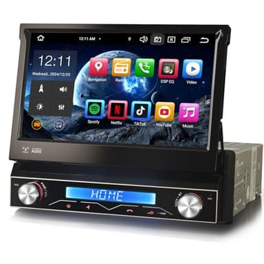 Erisin 7 Zoll 8-Kern 4GB RAM 64GB ROM Android 14 Autoradio 1 Din mit GPS Unterstützt ​Wireless CarPlay Android Auto WiFi Bluetooth 5.0 A2DP DSP OBD2 USB RDS 4G DVB-T2 SWC Split-Screen