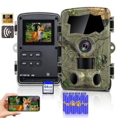 Lutranstra 5K Wildkamera WLAN, 64MP Full HD Wildkamera mit Handyübertragung App, Infrarot Wildtierkamera mit 64G SD Karte & 8*AA-Batterien, Bewegungssensor, Nachtsicht, 0,1s Auslösezeit, IP66