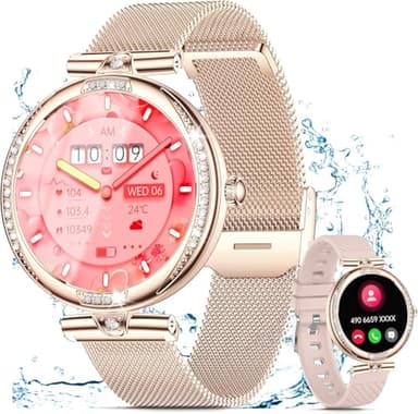 Smartwatch Damen mit Telefonfunktion 1.19" AMOLED Touchscreen IP68 Diamond Smart Watch mit 24H Pulsuhr Menstruationszyklus 120+ Sportmodi Schrittzähler Kalorien Fitness Tracker iOS Android (Rosegold)