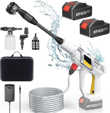 Akku-Hochdruckreiniger mit 4000mAh+4000mAh Akku, 970 PSI Hochdruckpistole mit 6-in-1 Düse, Universal-Düse, Schaumpistole, 2 Druckstufen / 5M Schlauch Wasserfilter / 2 Batterien
