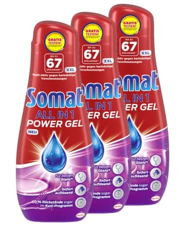 Somat All in 1 Power Gel, 201 (3 x 67) Spülgänge, Geschirrspülmittel für den Geschirrreiniger, sofort auflösend für 0% Rückstände, sogar im Kurzprogramm, 100% recyceltes Plastik