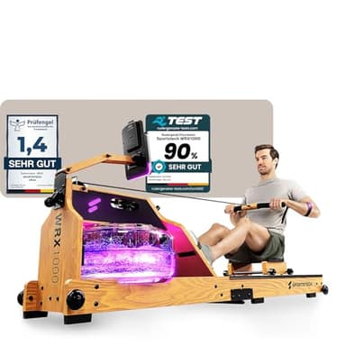 Sportstech Premium Wasser-Rudergerät mit LED-Wassertank, klappbar | Deutsches Qualitätsunternehmen I App mit Workout Kursen+ Tablethalterung | Natur-Massivholz Rudermaschine Rower für zuhause WRX1000