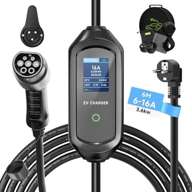AFYEEV 6m Typ 2 Ladekabel, 3.6kW Schuko, Elektroauto, 6/8/10/13/16A Einstellbarer Strom, EV Ladegerät Mit Tasche, IEC 62196-2