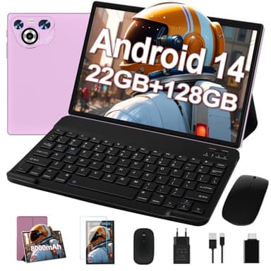 Dghrti Tablet 10 Zoll Android 14, 22GB RAM 128GB ROM/TF 1TB, Octa-Core Prozessor, 8000mAh, BT5.0, 8MP+5MP, Dual WLAN, Face ID, Widevine L1, Augenschutz, Tablet mit Tastatur & Maus Metallkörper, Lila