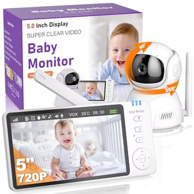 OBVHNUA Babyphone mit Kamera 5" Video Babyphone 720P HD Display Großer Akku 355°/90° Schwenk-Neige Digitalzoom Temperaturüberwachung Nachtsicht VOX-Modus Zwei-Wege-Audio Schlaflieder