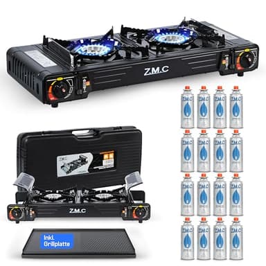 Z.M.C PREMIUM Camping Gaskocher 2-flammig + Grillplatte 45x24 cm + 16 Gaskartuschen 227g, Campingkocher mit Zündsicherung für Outdoor und Innenraum, Balkon Tisch Doppelgaskocher mit Piezozündung