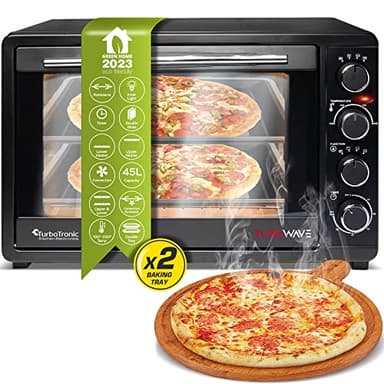 TurboTronic Minibackofen mit Umluft 45L schwarz 2000W, Drehspieß, Timer, Mini Backofen, Pizzaofen, 2 Backbleche, Grill