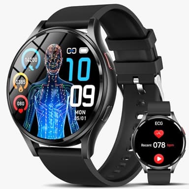 Lgnitek 2025 Smartwatch Herren mit ΒΙυtｚυcker/EKG/BMI/Harnsäure 44mm, Rund 1,43" AMOLED Gesundheitsuhr mit 24/7 Pulsuhr Schlafmonitor SpO2 ΒΙυtdrυck Bluetooth-Anrufe SOS-Notruf, Fitness-Uhr, Schwarz