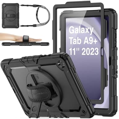 SEYMAC stock Hülle für Samsung Galaxy Tab A9 Plus/ A9+ 11 Zoll, Stoßfeste Hülle mit Displayschutz, 360° Drehbarer Ständer/Handschlaufe, Stifthalter & Schultergurt, Schwarz