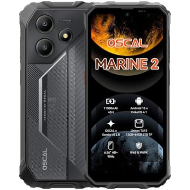 OSCAL Marine 2 Outdoor Handy Ohne Vertrag 2025, 11000mAh 12GB+64GB/2TB, Android 15 Outdoor Smartphone, 6.56" HD+ 90Hz, 16MP+8MP AI Kamera Baustellenhandy, IP69K Wasserdicht, Dual SIM 4G/NFC/OTG/GPS