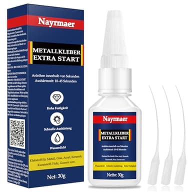 Nayrmaer Metallkleber 30g, Metall Kleber Wasserfest mit Anti-Trocknungsspitze, Sekundenkleber Extra Stark für Metall, Stahl, Zink, Aluminium und mehr
