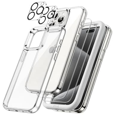 JETech 5 in 1 Hülle für iPhone 15 Pro 6,1 Zoll mit 2 Stück Jeweils Gehärtetem Glas Schutzfolie und Kameraschutz, Nicht Vergilbende Stoßfest Stoßfänger Handyhülle (Durchsichtig)