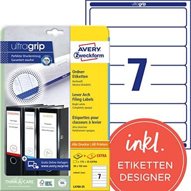 AVERY Zweckform L4760-25 Ordnerrücken Etiketten (210 Rückenschilder mit ultragrip, 38x192mm auf A4, schmal/kurz, selbstklebend, absolut blickdicht, bedruckbare Ordneretiketten) 30 Blatt, weiß