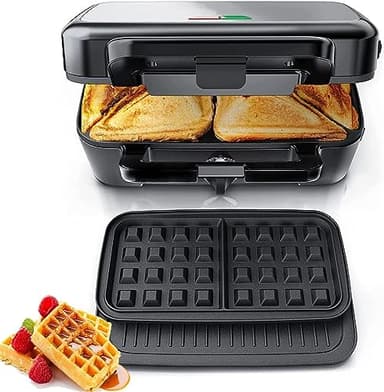 1200W Sandwichmaker 3 IN 1, 5-Gang-Temperaturregelung Waffeleisen Sandwichtoaster Kontaktgrill mit Antihaftbeschichtung für einfache Reinigung ohne Anbrennen, LED-Leuchten, Edelstahl/Schwarz