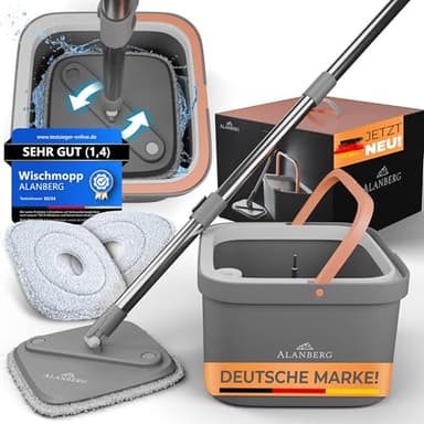 ALANBERG® Wischmopp Set mit Eimer – 2-Kammer-System zur Trennung von Schmutz- und Frischwasser – mit 160 cm Teleskopstange, Mikrofaser-Wischpads – Bodenwischer für alle Bodenarten, Grau