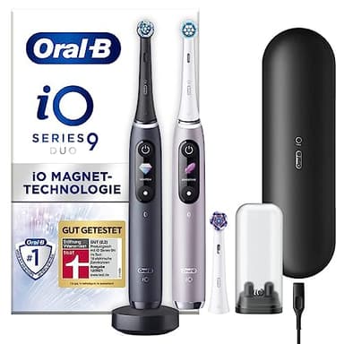 Oral-B iO Series 9 Elektrische Zahnbürste/Electric Toothbrush, Doppelpack +3 Aufsteckbürsten, 7 Putzmodi, Magnet-Technologie & 3D-Analyse, Farbdisplay, Lade-Reiseetui, Designed by Braun, Black/ Rose