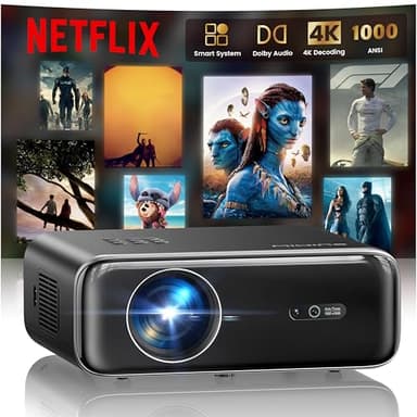 Smart Beamer mit Netflix, Dolby Audio, WiMiUS 1000 ANSI Autofokus/6D Trapezkorrektur Led Beamer 4K Heimkino Unterstützt, WiFi6 Bluetooth Full HD 1080P Outdoor Tageslicht Projektor für Android/iPhone