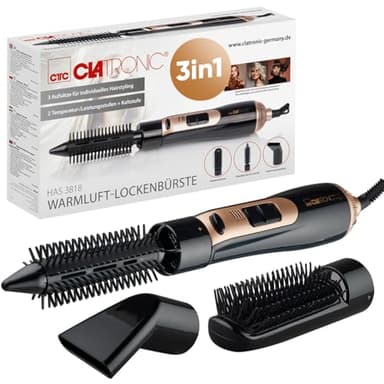 Clatronic® Warmluftbürste 3 Aufsätze | für alle Haarlängen | Föhnbürste mit Kaltstufe für Style-Fix | 2 Stufen | Rundbürstenföhn Hairstyler | 360° Kabel | Warmluftbürste für kurze Haare | HAS 3818
