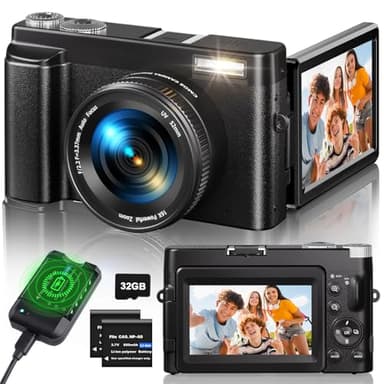 Digitalkamera 4K, 48MP 16X Autofokus Digitalzoom Kamera, 3 Zoll 180° Klappbarer LCD-Bildschirm HD Kompakte Vlog Kamera mit Ladestation, 2 * 800 mAh Akkus, 32GB Karte, Geeignet für Anfänger, Kinder