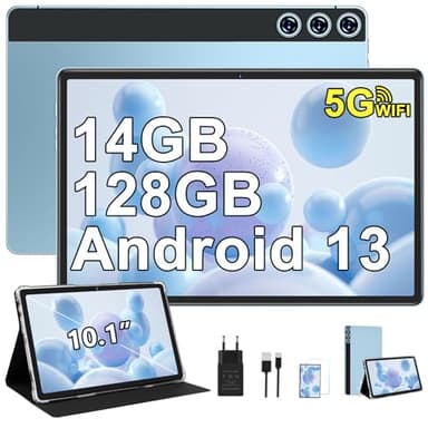 ZIOVO Tablet 10 Zoll Android 13 mit 5G+2.4G WLAN, 14GB RAM+128GB ROM/1TB TF, Octa-Core 2.0 GHz, 8000mAh, FHD 1280 * 800, 5MP+8MP, Bluetooth 5.0, AGPS, Doppelkamera, Tablet mit Case - Blau