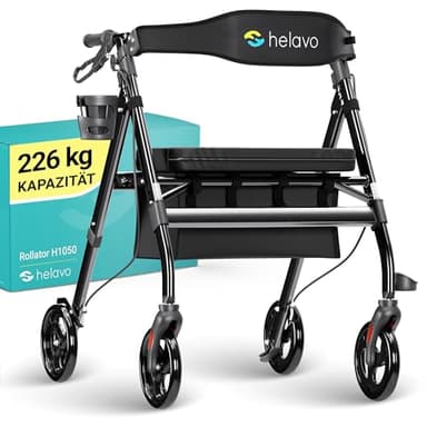 HELAVO extra breiter Rollator mit großem, höhenverstellbarem Sitz - Faltbarer Schwerlastrollator aus Aluminium - Belastbar bis 226 kg